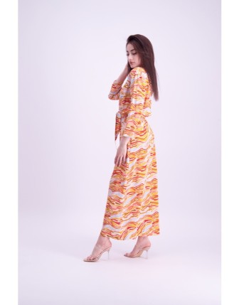 V yaka düğüm detaylı uzun elbise