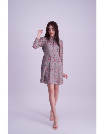 Çiçek desenli twill ipek mini elbise