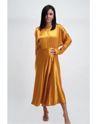 Kadın Sarı Yırtmaçlı Midi Elbise